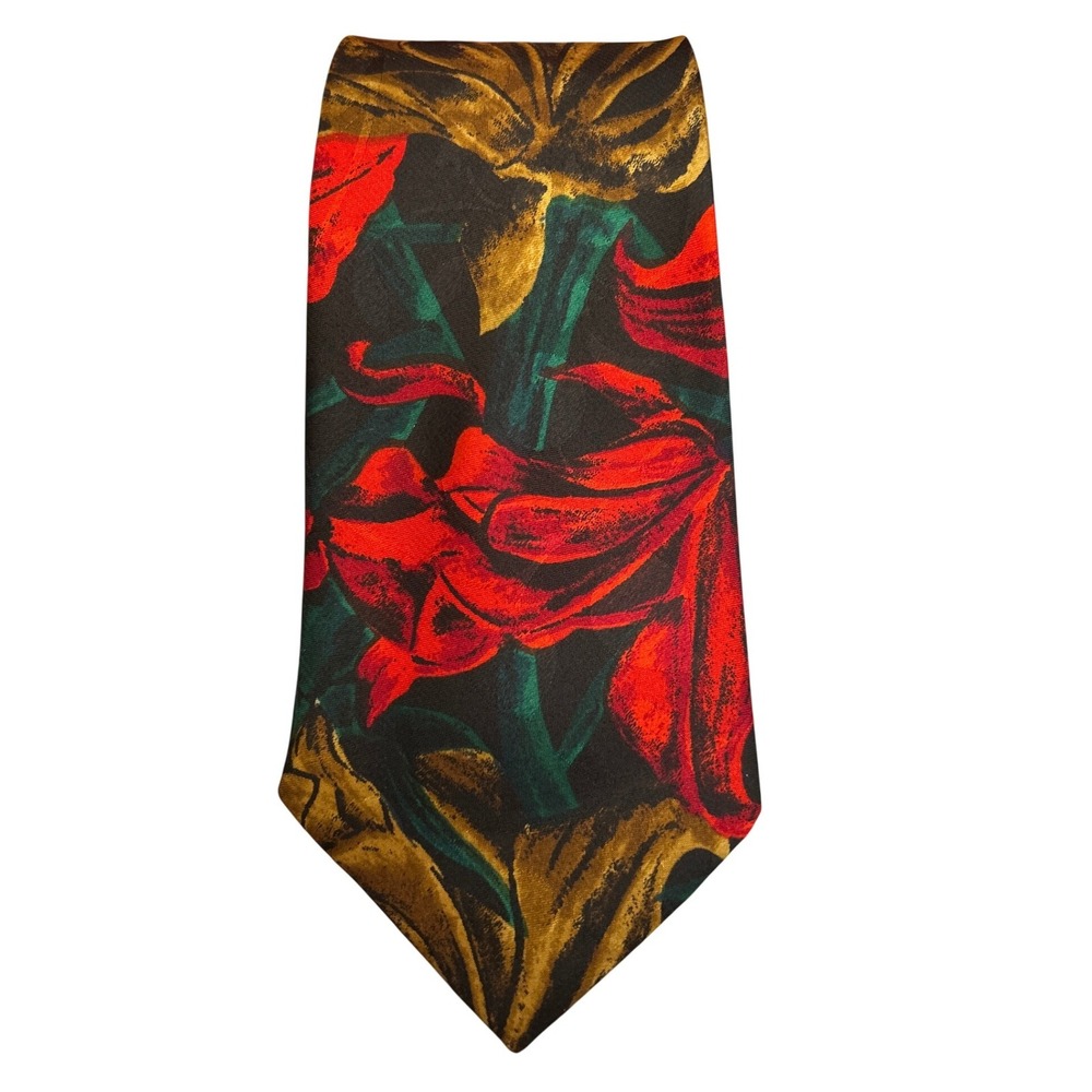 La Tache Hand Made Silk Blend Neck Tie Floral Red Green Gold Nenswear Formal